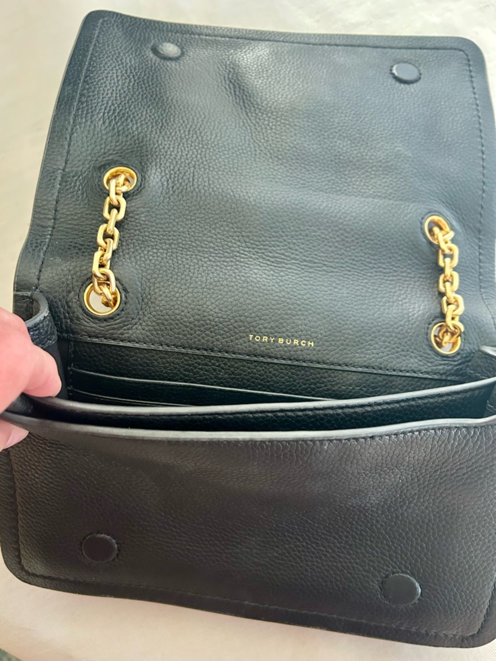 Tory Burch Black Pebbled Leather Crossbody with Gold Chain - Picture 5 of 5